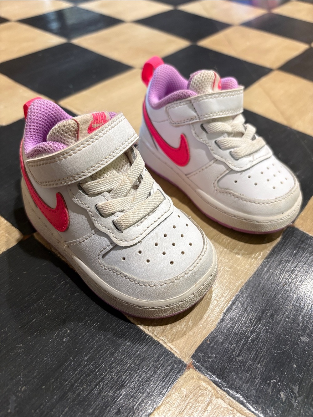 Nike Toddler White Sneakers with Hot Pink Swoosh